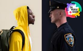 Imagem de divulgação do filme Dois Estranhos, com um jovem negro cara a cara com um policial branco