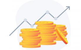 Imagem de uma pilha de moedas, com uma gráfico ascendente ao fundo