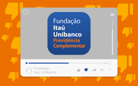 Arte com o logo da Fundação Itaú Unibanco dentro de uma tela de computador, com o fundo laranja