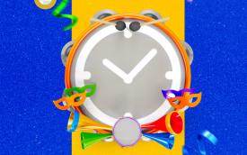 arte em desenho composta por um relógio de ponteiro cercado de adereços de Carnaval, sob um fundo azul e amarelo