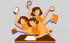 Arte em desenho mostra três mulheres exercendo múltiplas funções ao mesmo tempo, representando o acúmulo de tarefas a que os bancários de agências do Itaú estão submetidos