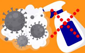 Arte em desenho mostra concepções de vírus sob borrifada de produto de limpeza. Sobr, a embalagem do produto, um X indicando que é contraindicado