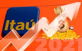 Arte com fundo laranja e logo do Itaú atrás de um gráfico em flecha indicando subida. Atrás, um saco de dinheiro em cima de moedas