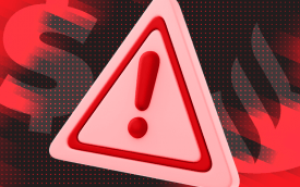 Arte na cor vermelha com um cifrão e o logo do Santander no fundo, e um sinal de alerte em no primeiro plano
