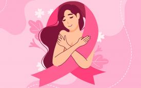 Ilustração de uma mulher envolta em um laço rosa