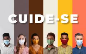 Imagem de pessoas utilizando máscaras, acompanhada da palavra cuide-se