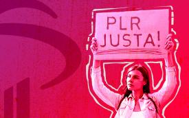 Imagem de uma mulher segurando um cartaz com os dizeres "PLR JUSTA", com o logotipo do Bradesco ao fundo