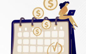 Arte em desenho com uma mulher sentada em um calendário, segurando um computador, e moedas flutuando