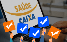 Imagem do logotipo do Saúde Caixa, com mãos indicando a aprovação da proposta de sustentabilidade 
