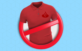 Arte em desenho com fundo azul e uma camiseta vermelha com logo do santander dentro de um um símbolo de proibido, indicando recuo da decisão do uso de uniforme