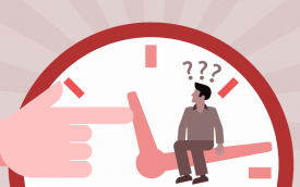 Ilustração de uma pessoa sentada em um relógio, enquanto uma mão adianta as horas