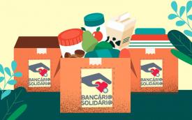 Imagem de caixas de doações, com o logo da Campanha Bancário Solidário