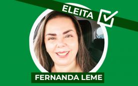 Arte com fundo verde e com uma foto da candidata à Comissão Interna de Prevenção de Acidentes, Fernanda Leme. Acima, o texto "eleita"