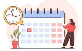 Imagem de uma mulher em frente a um calendário e um relógio
