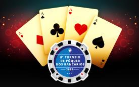 Arte composta por cartas de As de baralho, cada uma de um naipe, e uma ficha de poker onde se lê 8º Torneio de Poker dos Bancários