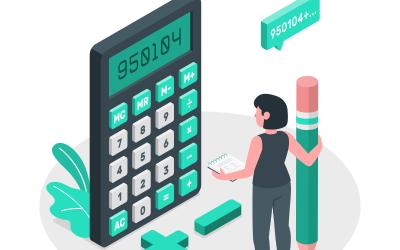 Imagem de uma calculadora gigante, com uma pessoa na frente