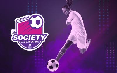 Arte com o logo do Festival de Society das Bancárias ao lado de uma jogadora de futebol chutando uma bola