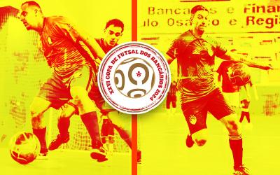 Imagem de partidas de futsal, em tons de amarelo, acompanhadas do logo da XXVI Copa de Futsal dos Bancários