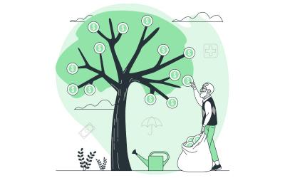 Imagem em desenho mostra um idoso colhendo moedas em uma árvore