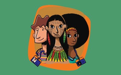 Arte dos encontros de bancários: Imagem três bonequinhos, um homem branco, uma mulher indígena e uma mulher negra