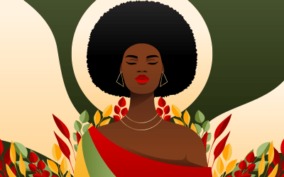 Arte em desenho de uma mulher negra com cabelo "black power" e roupa em estilo africano
