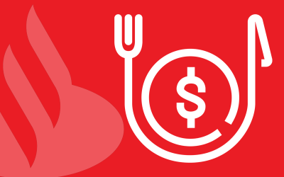Arte mostra um prato e garfo e um cifrão, sobre um fundo vermelho com parte da logo do Santander como marca d´água