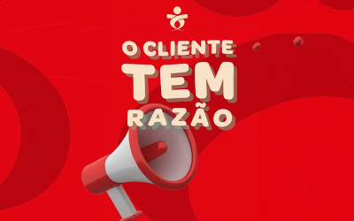 Em fundo vermelho e tipologia branca, a frase o cliente tem razão, acompanhada de um megafone e do logotipo do Sindicato