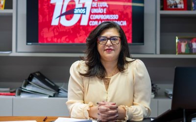 Neiva Ribeiro, presidenta do Sindicato, durante entrevista em que fez um balanço da Campanha dos Bancários 2024