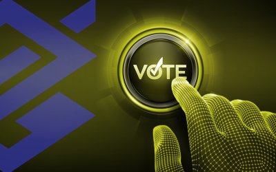 imagem composta de um dedo apertando um botão onde se lê "vote" e, ao lado, o logo do Banco do Brasil