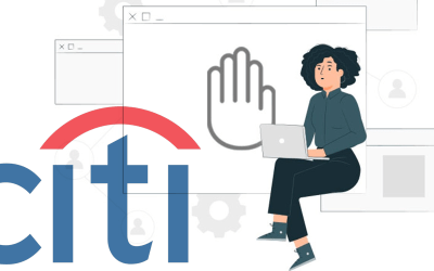 Ilustração de uma mulher utilizando um laptop, ao lado do logotipo do Citibank