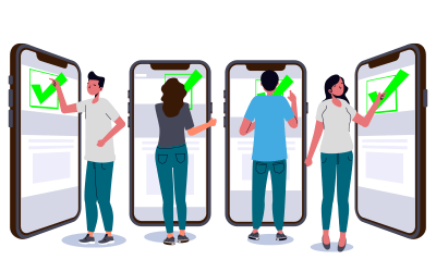 Imagem em desenho composta de quatro pessoas em frente a quatro telefones celulares em tamanho igual das pessoas. Em cada tela do telefone celular está projetado um sinal de "check" indicando aprovação
