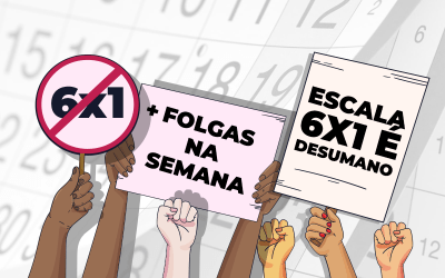 Ilustração de mãos segurando placas com dizeres contra a escala 6x1