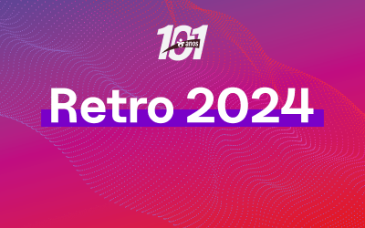 A frase "Retro 2024" e o logo dos 101 anos do Sindicato, em fontes brancas, em fundo em tons de rosa e roxo