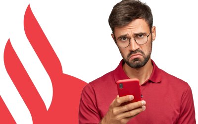 Imagem mostra um homem com semblante chateado olhando para um telefone celular. ao lado dele o logo do santander