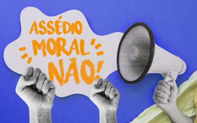 Imagem de um megafone e de um punho cerrado, acompanhados da frase "assédio moral não!"