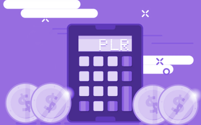 Arte em desenho composta de uma calculadora sobre um fundo roxo e ao lado de moedas