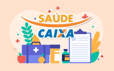 Imagem composta do logo do saúde Caixa e, em torno deles, elementos como uma prancheta, uma mala de médico, uma maçã, uma laranja e frascos de remédio