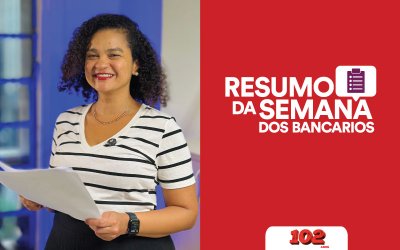 Fotografia de Erica de Oliveira, secretária de Imprensa do Sindicato e apresentadora do Resumo da Semana, acompanhada da frase Resumo da Semana