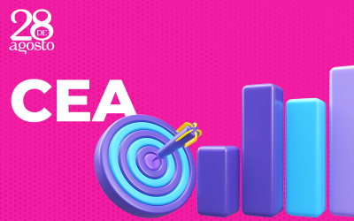 Imagem em desenho de um alvo, uma flecha ao centro, barras de gráfico e um fundo rosa. No canto esquerdo, a lettering CEA e o logo do Centro de Formação 28 de Agosto