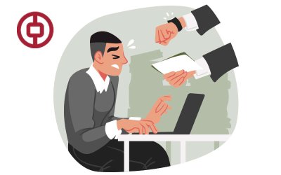 Arte em desenho composta de uma cena de assédio moral em um loca de trabalho (um homem em pé grita com outro sentado em uma mesa). O logo do bank of china aparece no canto superior direito
