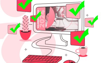 imagem composta de um computador rodeado por sinais de "check", indicando aprovação