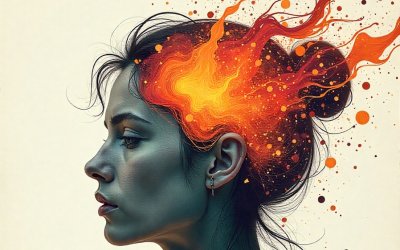 imagem em desenho mostra o cérebro de uma mulher pegando fogo