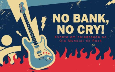 Arte em desenho composta de uma guitarra e, ao lado, o texto 'No Bank, no Cry'