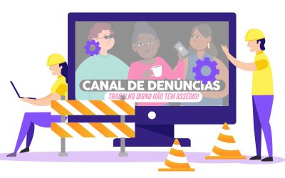 Ilustração de um computador, com a identidade visual do Canal de Denúncias na tela, e uma equipe de manutenção em ação