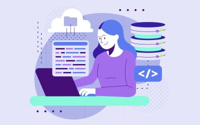 Imagem em desenho mostra uma mulher trabalhando em um computador