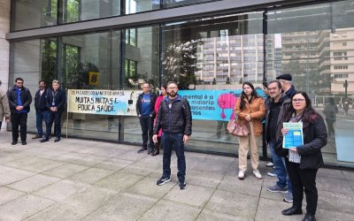 Dirigentes do Sindicato durante protesto no edifício Torre Matarazzo, centro administrativo do Banco do Brasil localizado na Avenida Paulista