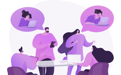 Ilustração de uma reunião, na qual as pessoas falam sobre sobrecarga de trabalho, representada em balões por trabalhadores estafados