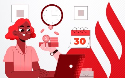 Imagem em desenho de uma mulher ao lado de um calendário. Ao lado deles, o logo do Santander