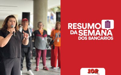 Foto da presidenta do Sindicato em protesto contra as demissões do Itaú, acompanhada do logotipo do Resumo da Semana