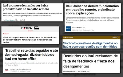 Manchetes da imprensa sobre demissão em massa no Itaú e a reação do Sindicato
